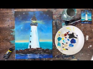 How To Paint A Lighthouse At Night - Acrylic Painting Tutorial For Beginners