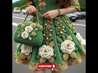 REAL  LADY IN GREEN !!! Crochet Hand Knitted Gucci Dress And Bag To Match. #green #crochet #knit