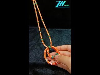 Natural turquoise and orange  spiny oyster roundle beads pendant necklace full strand 16inch 02