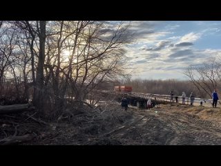 На мосту в селе Утятском устраняют затор. Спецтехника достает из воды старые деревья и мусор