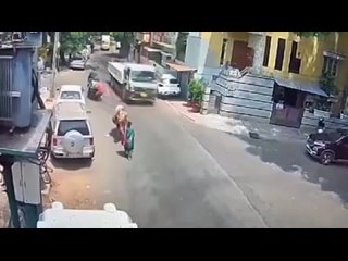 Hit by bull, saved by truck