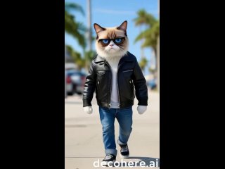 photorealistic grumpy cat in a leather aviator jacket, jeans and shoes walking through Miami beach .mp4