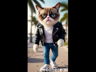 photorealistic happy glamorous cute grumpy cat in a leather jacket, jeans and shoes walking through Miami beach .mp4