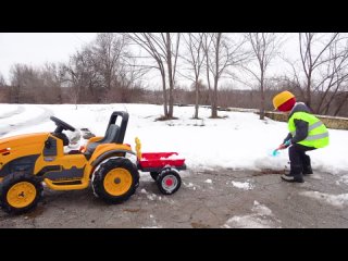 Darius Rides on Tractor playing with Snow Man Pretend Play Outdooa Activities