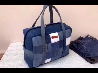 Сумка-саквояж, спортивная сумка в стиле пэчворк из джинсовой ткани