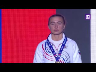 The Russian anthem cut out during the award ceremony for the winner of the European Boxing Championship Yulia Chumgalakova due t