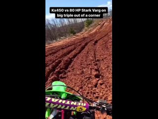 Kawasaki KX450 vs Stark Varg 80 hp electric national over a pretty decent sized huck right out of a  how much torque