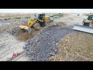 Great Project Boreder Road Building In Lake Bulldozer Pushing Clearing Stone Dirt 12 Wheel Truck