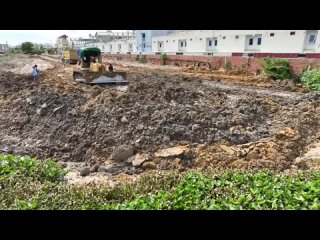 Great Project Bulldozer And Dump Truck Building New Road Over Mud Water Bulldozer Clearing Dirt