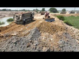 Huge Dump Truck Moving Dirt Truck Driver Skills Fails New Road Construction Land Filling Up