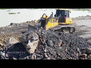 Incredible Bulldozer And Dump Truck Building New Road Over Big Lake Dozer Pushing Stone Into Water