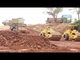 Incredible Dump Truck unloading Dirt Working with KOBELCO excavator , SAKAI Roller , KOMATSU Dozer