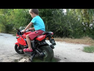 Funny Baby Rides on SportBike BMW and the Bike stuck in Slime - Kids Motorcycle