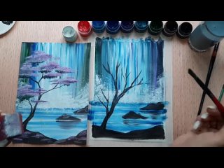 Цветущее дерево у водопада. Обучающее видео по рисованию гуашью.