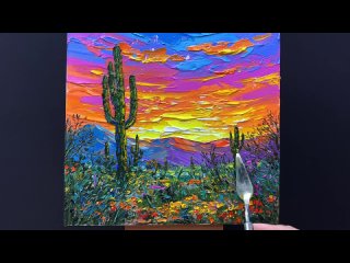 How to Paint Desert Cactus Landscape using a Palette Knife _ Acrylic Painting