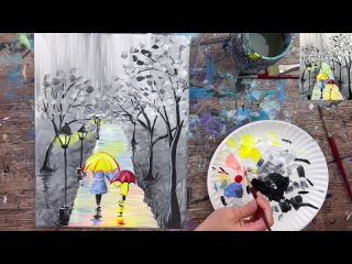 A Walk In The Rain Acrylic Painting Tutorial For Beginners