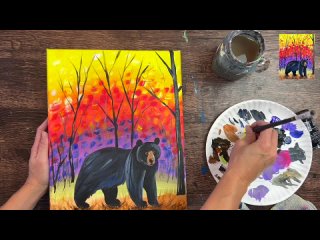 How To Paint A Fall Forest With Bear - Acrylic Painting Tutorial For Beginners