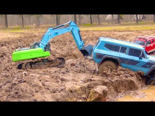 RC Cars Mud Off Road - Tractor Excavator vs 4x4 Rc Crawler Power Wheels Fun