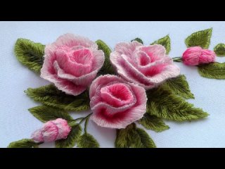 3D Bouguet of Roses StumpWork - Satin stitch - Wool FlowerТГ