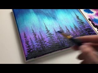 Acrylic Painting For Beginners _ Northern Lights Forest _ Aurora Acrylic Tutoria
