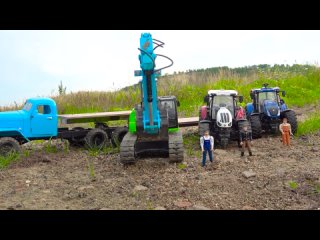 Darius is fishing Tractors truck in the mud and broke a bridge railing Video for kids