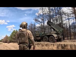 A Grad self-propelled multiple launch rocket system from an artillery unit of Russias Dnepr Battlegroup engages enemy targets i