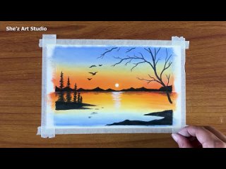 Simple Oil pastel Sunset Landscape Painting for beginners _ Oil Pastel Drawing