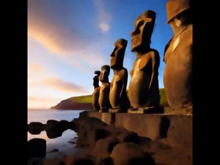 статуи с острова пасхи смотрят в закат (нейрокосмос)