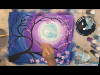 Step By Step Painting - Cherry Blossom Tree  Moon