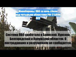 Минобороны: ПВО заночь сбила надчетырьмя областями РФ 17 БПЛА ВСУ