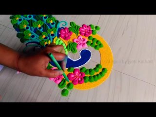 very easy Peacock rangoli designs with flowers for Diwali FESTIVALSv#556