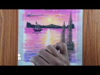 Sunset Seascape Drawing With Oil Pastel _ Sunset Reflection drawing _ Pink Sunse