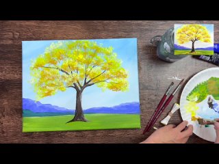 How To Paint A Golden Oak Tree - With Q-Tips - Acrylic Painting Tutorial