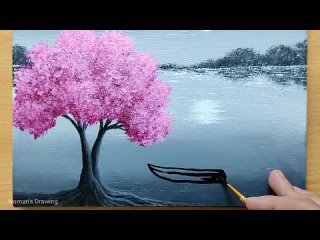 Рисуем Black & White Landscape Painting for Beginners / Cherry Blossom / Acrylic Painting Technique