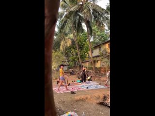 Practising with friends in our backyard. India, Goa, Arambol.