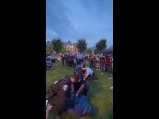 Вашингтонский университет в Сент-Луисе прошлой ночью: полиция растаскивает ряды пропалестинских митингующих и вяжет их