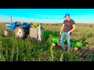 Damian and Darius ride on Tractors and watermelon farm kids stories
