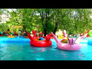 Walking swans in a Pool - Children riding inflatable water toys