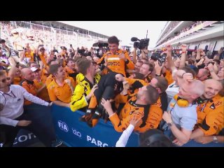 2024 Miami Grand Prix Norris celebrates with his McLaren team after his maiden Grand Prix win