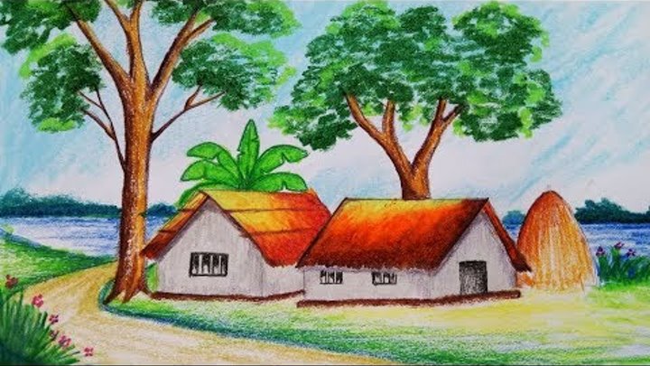 How to draw Riverside Village Scenery.Step by step(easy draw)