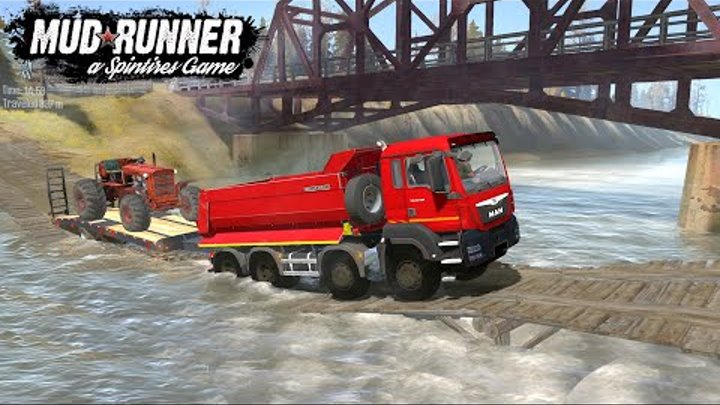 Spintires: MudRunner -  MAN Dump Truck Transporting An Old Tractor O ...
