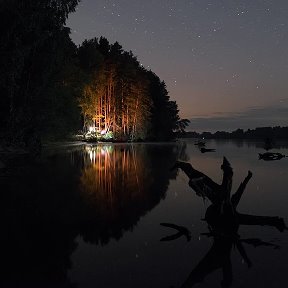 Фотография "остров Спировский
Калязинский район, Тверская область, Россия
57.275940, 37.763234
 В пяти километрах выше по течению от Калязина. Стоянка на большом острове, на чистом возвышенном песчаном берегу, со стороны основного русла Волги. 
Вдоль течения верхней Волги десятки, если не сотни живописных островов. Названия у них бывают не то, чтобы часто, но случаются и презабавные. Винный, Мясной, Грабиловка и даже Могильный. Есть в этих островах и маленькая печальная хитрость. Многие из них ничто иное, как пепелища деревень, располагавшихся здесь до затопления череды волжских водохранилищ. И если имеется у острова простое название, вернее всего, оно совпадает с именем бывшего сельца. Спировский прозван в честь легендарного волжского лоцмана. Его мы не могли миновать никак. В волгарские времена здесь возвышался холм, заросший породистой медной сосной. А теперь на острове сохранился лишь небольшой осколок звонкого соснового бора. Стоянка была из лучших. Нам принадлежал огромный кусок пляжа и даже балкончик. Что-то вроде директорской ложи, нависавшей над заливом с серыми цаплями, с видом прямо на фарватер. Живописные коряжистые пни, это тоже бывшие сосны, а яркая цветовая иллюминация на фото - всего лишь свет наших налобных фонарей. Утром, едва отойдя от лагеря, я по щиколотку провалился в мох, усланный россыпями спелой брусники. Фото Митя Гусев. #плот #на_плоту_по_волге #рыбалка #film_journey #travellog #travel #volga_travel #fishing #кинопутешествие#traveling #travelgram #travelling #traveler #travelphotography #traveller #travels #traveltheworld #travelblog #vacation #vacations #vacationtime#instatravel #instatraveling #instatrip #instatag #touris #tourist #tourism #mytravelgram #trip"