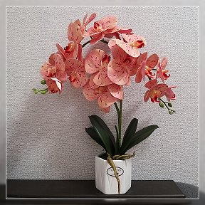 Фотография "=145=Имитация орхидеи,2 шикарных ветки.Цветы и листья латекс кашпо керамика!Под листиками натуральный мох .Высота 48 см,можно самим веточки регулировать! "
