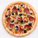 Фотография "Мексиканская 30 см - 340 рублей состав: Пицца соус, моцарелла, ветчина, пепперони, лук, маслины, огурцы, помидоры, перец черный"