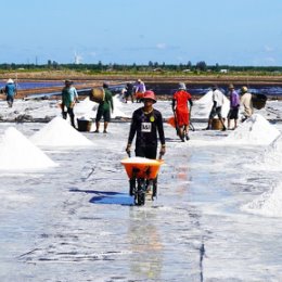 Фотография "Морская вода закачивается на соляное месторождение, затем она испаряется под солнцем и кристаллизуется в крупинки соли. Соляной сезон приходится на 4 месяца, начиная с декабря предыдущего года и заканчивая апрелем следующего."