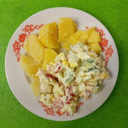 Фотография "Отварной картофель, салат: яйца+болг.перец+огурец+кур.грудка+сметана"