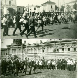 Фотография "1 мая 1924 года. Участники парада пионеров на площади 1 Мая (Соборной) и площади Марата (Ярмарочной)"