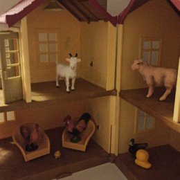 Фотография "Кто, кто в теремочке живёт? Моя внученька поселила домашних животных в домике! Петух с курицей и маленьким цыплёнком на первом этаже! "
