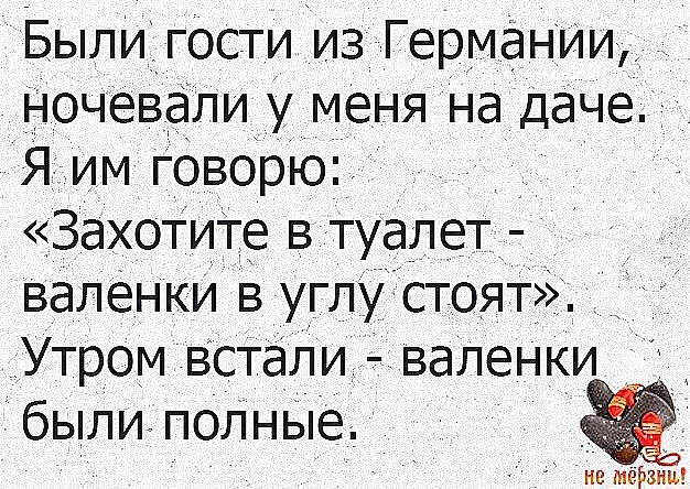 Бывший муж приезжает в гости. Если захотите в туалет валенки в углу. Анекдот про валенки. Приехали гости из Германии. Анекдот валенки в углу.