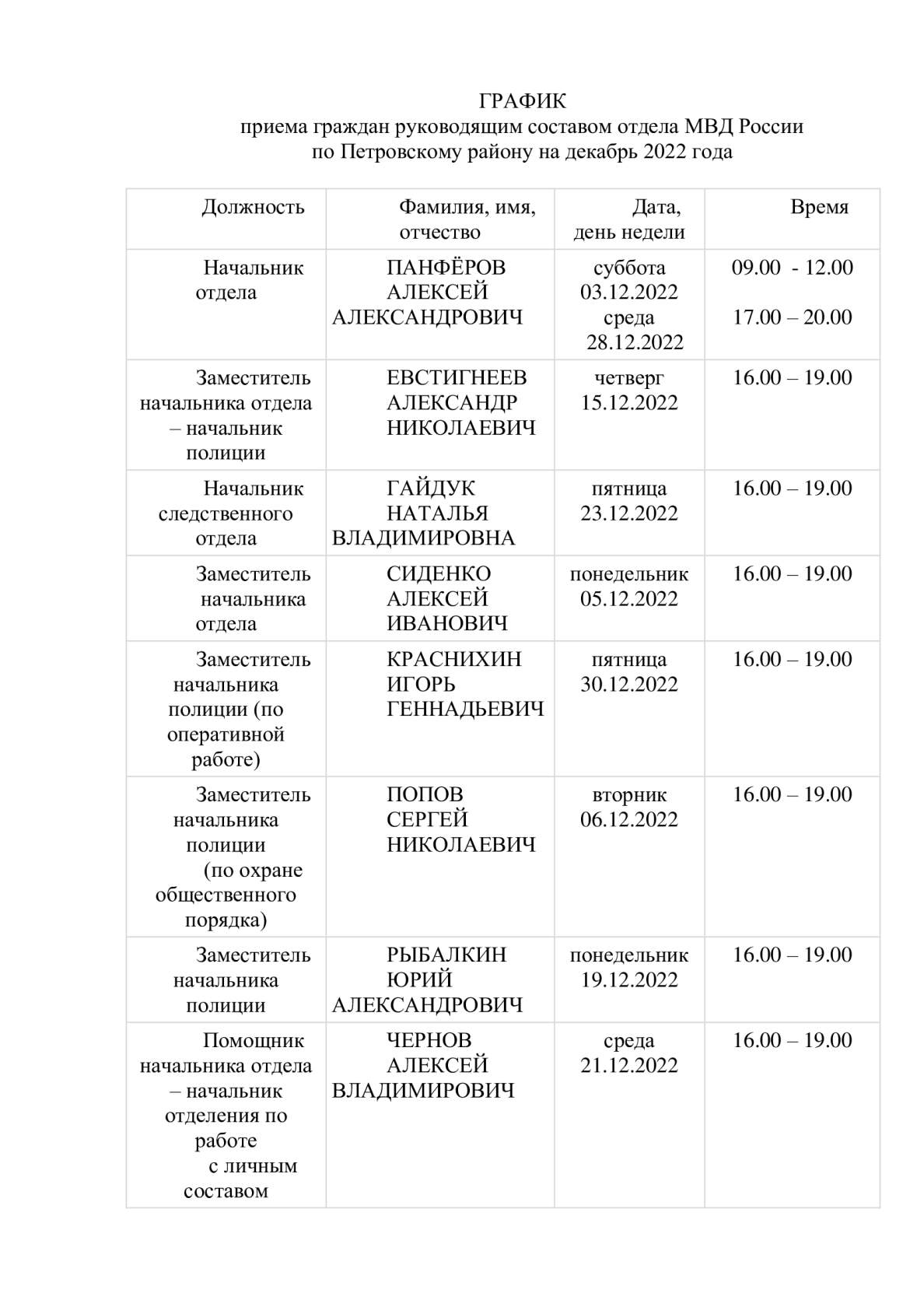 График приёма граждан руководящим составом отдела МВД России по Петровскому району на декабрь 2022 года